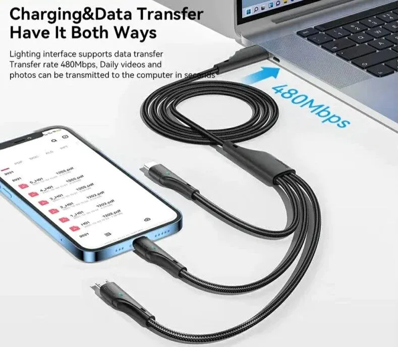 3 in 1 Usb Cable for Iphone Samsung Xiaomi Huawei Fast Charging Data Transfer