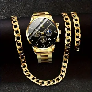 3-Piece: Elegant Men's Quartz Watch Plus Bracelet and Necklace Set