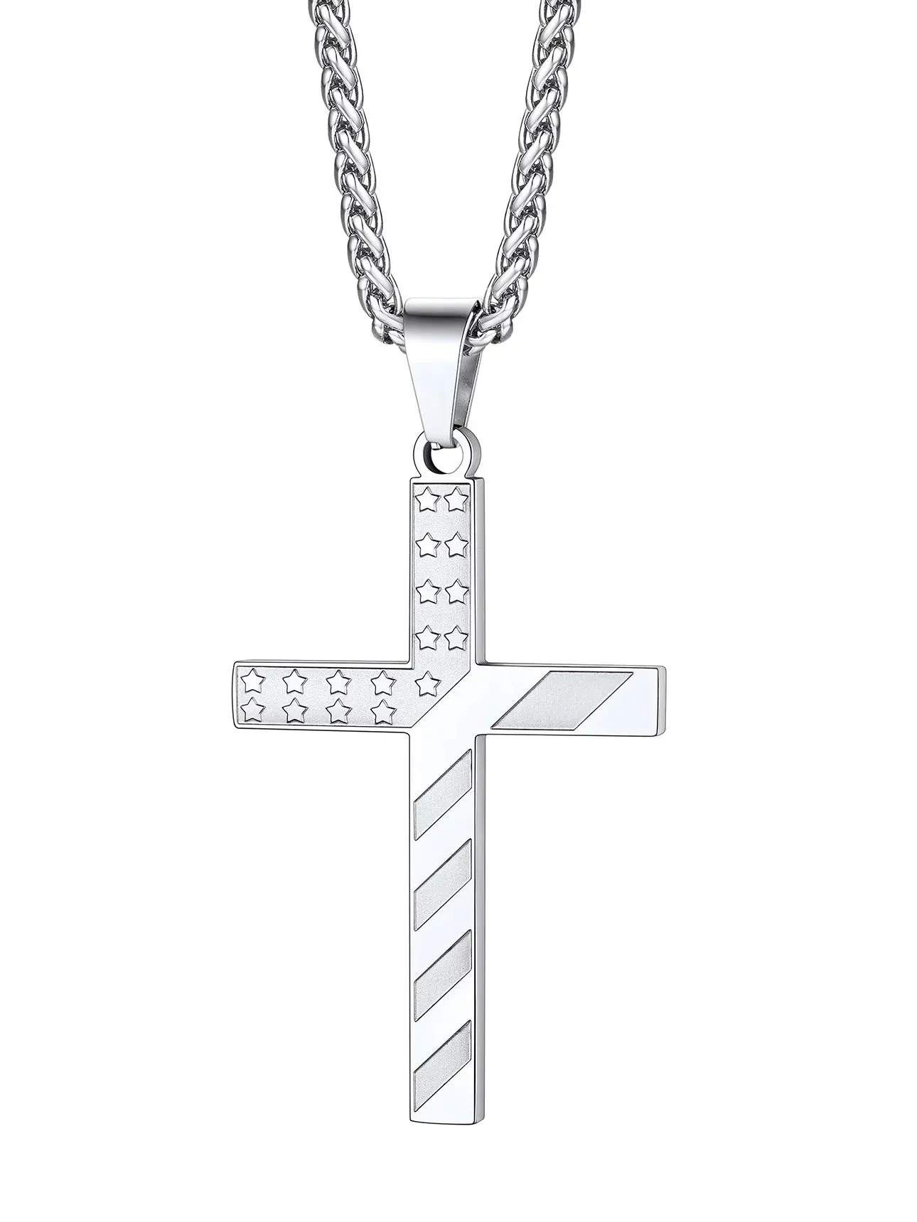 American Flag Patriotic Cross Necklace - Stainless Steel