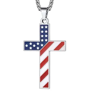 American Flag Patriotic Cross Necklace - Stainless Steel