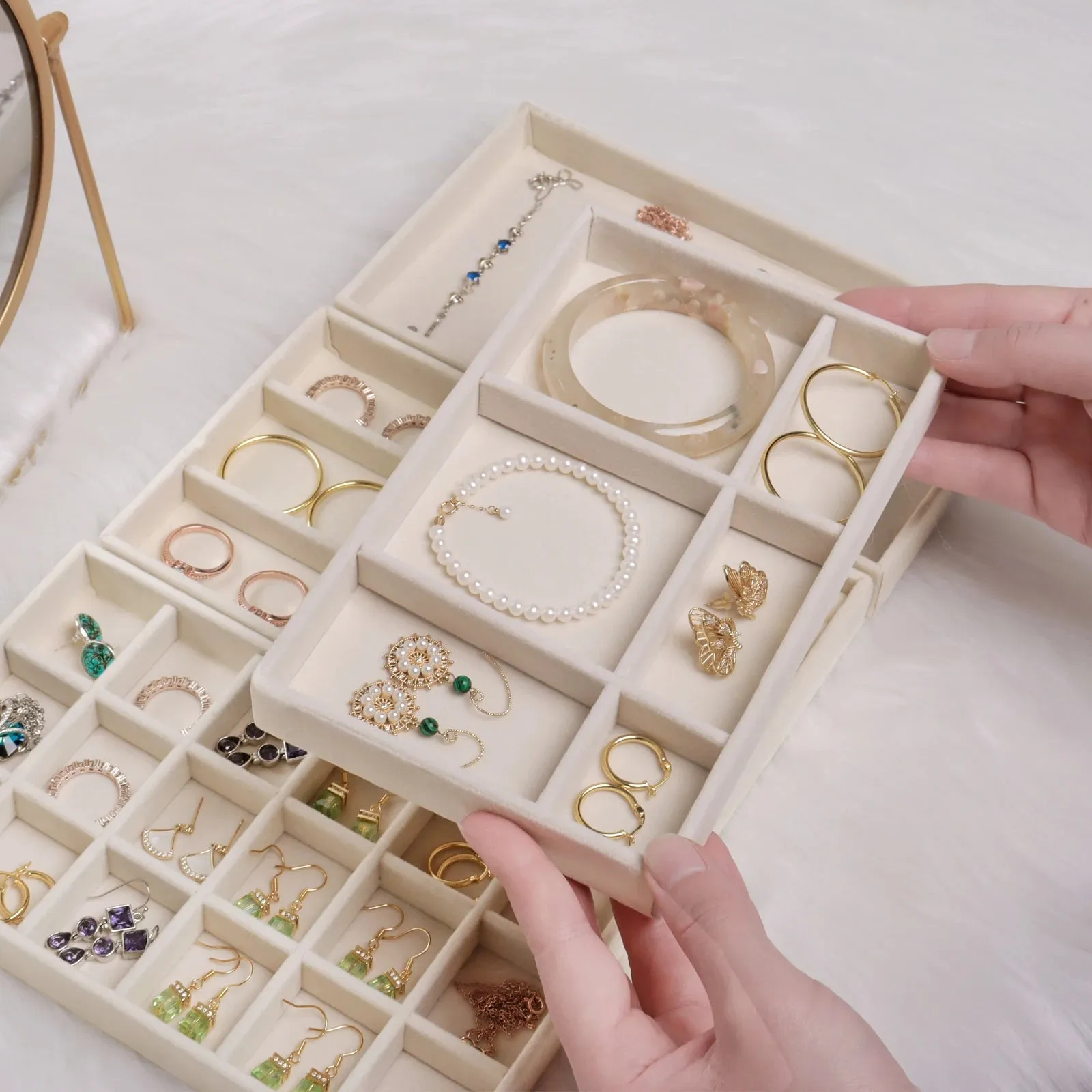 Anyhouz Jewelry Storage Beige Design D Display Tray Drawer Storage Jewellery Holder For Ring Earrings Necklace Bracelet