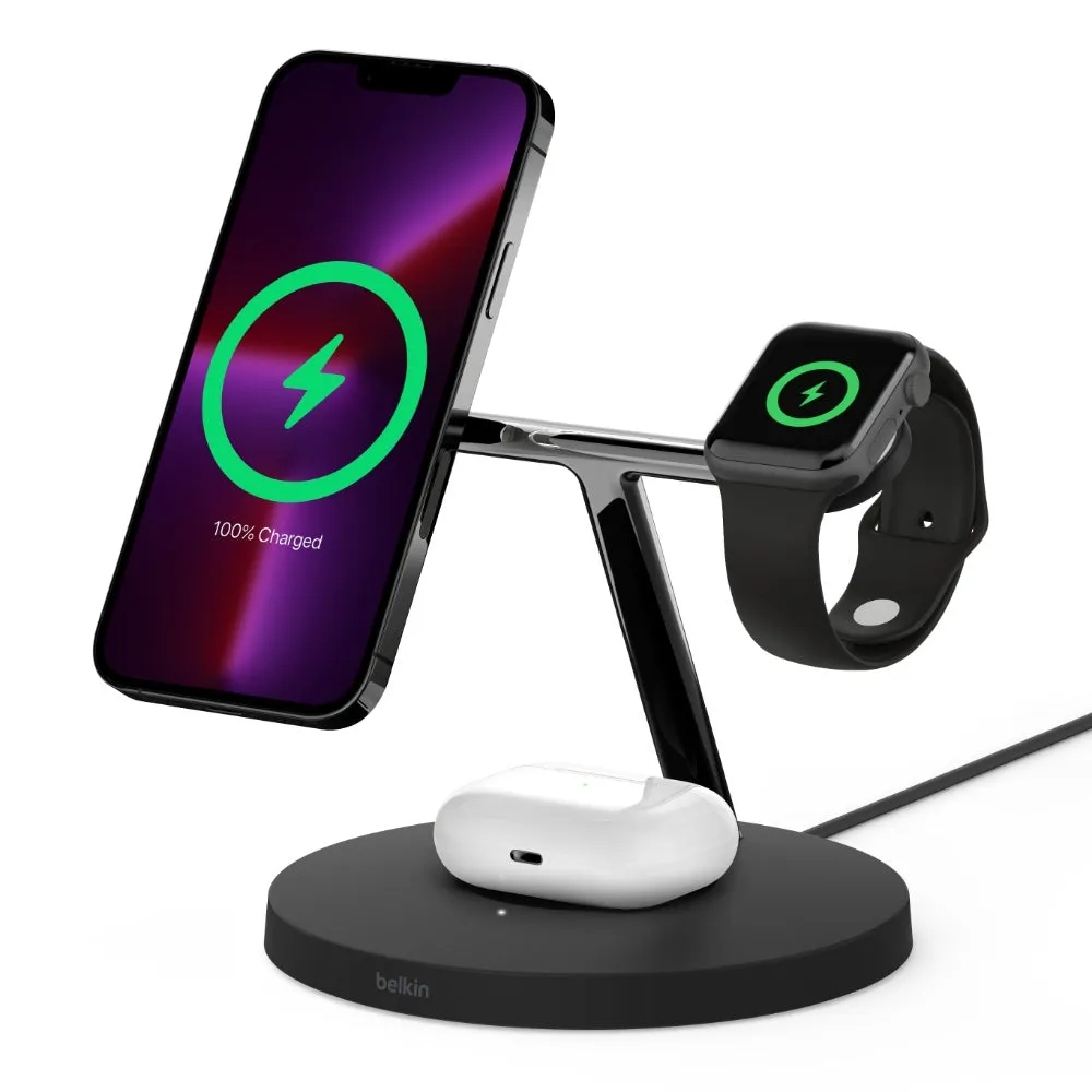 BELKIN BoostCharge Pro 3-In-1 Wireless Stand Fast Charger with 15W MagSafe - Black