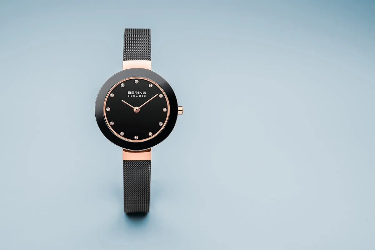 Bering Ceramic Rose Gold and Black Mesh Ladies Watch
