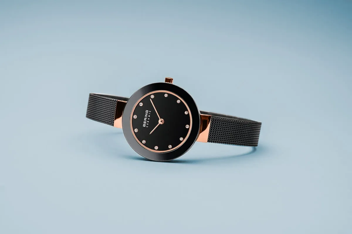 Bering Ceramic Rose Gold and Black Mesh Ladies Watch