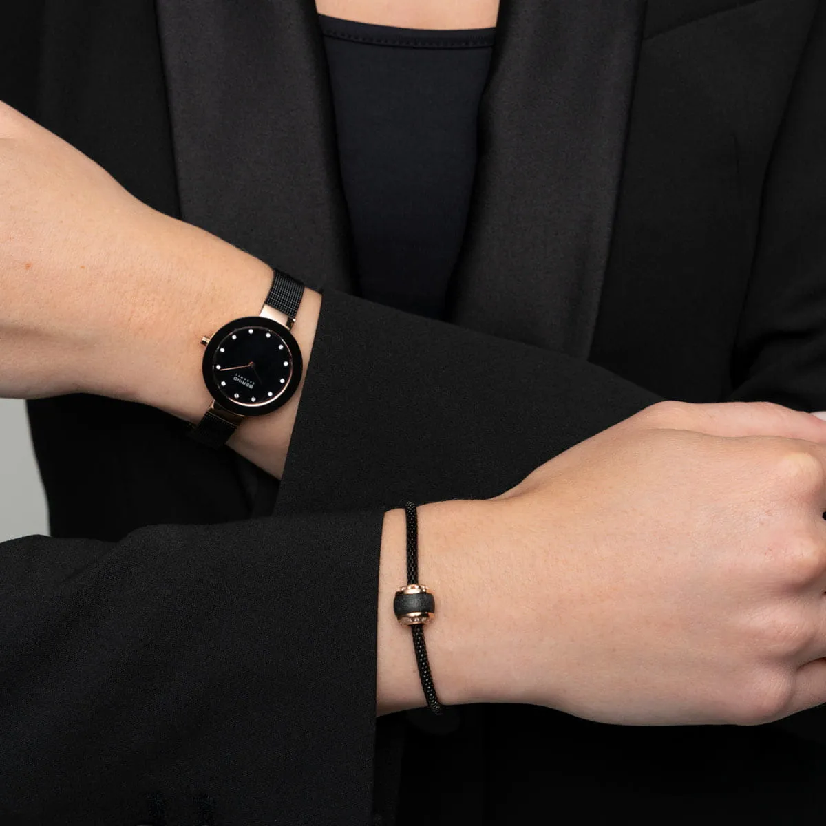 Bering Ceramic Rose Gold and Black Mesh Ladies Watch