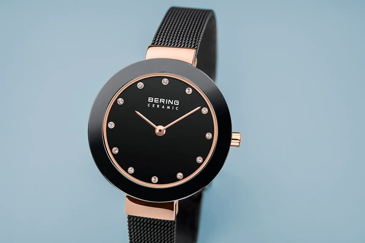 Bering Ceramic Rose Gold and Black Mesh Ladies Watch