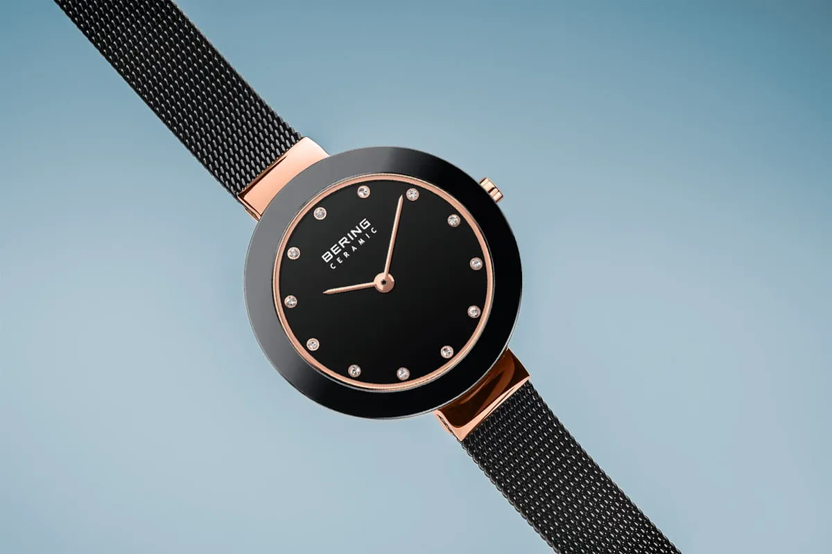 Bering Ceramic Rose Gold and Black Mesh Ladies Watch