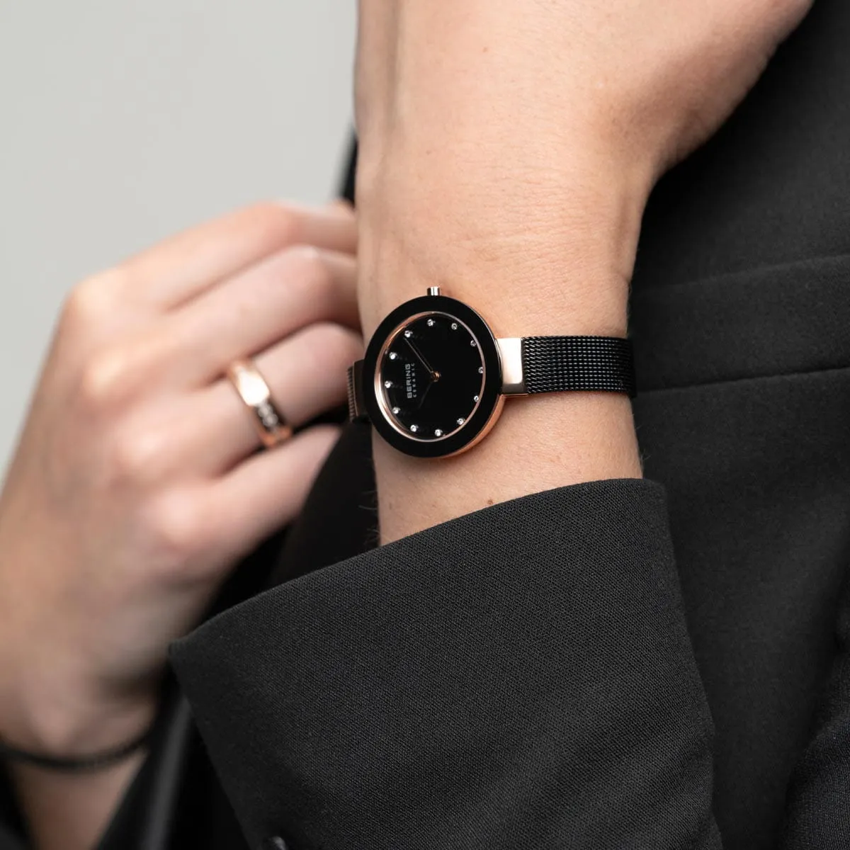 Bering Ceramic Rose Gold and Black Mesh Ladies Watch