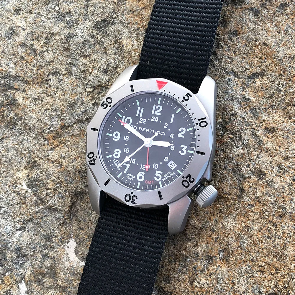 Bertucci A-2TR Vintage  GMT Mens Black Titanium Nylon Band Black Quartz Dial Watch - 12117
