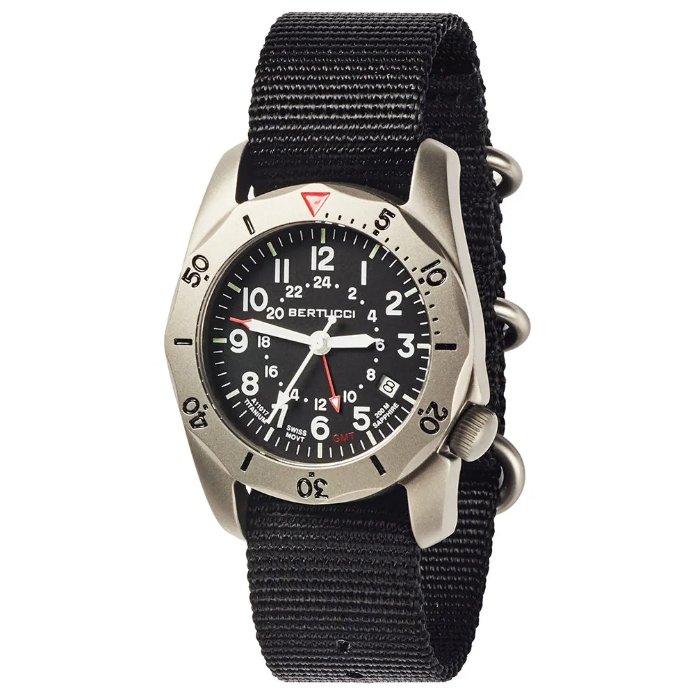 Bertucci A-2TR Vintage  GMT Mens Black Titanium Nylon Band Black Quartz Dial Watch - 12117