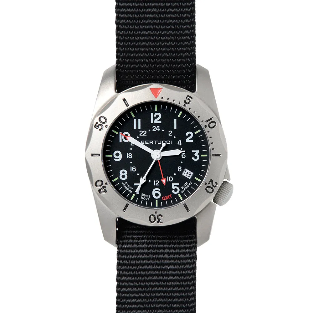 Bertucci A-2TR Vintage  GMT Mens Black Titanium Nylon Band Black Quartz Dial Watch - 12117