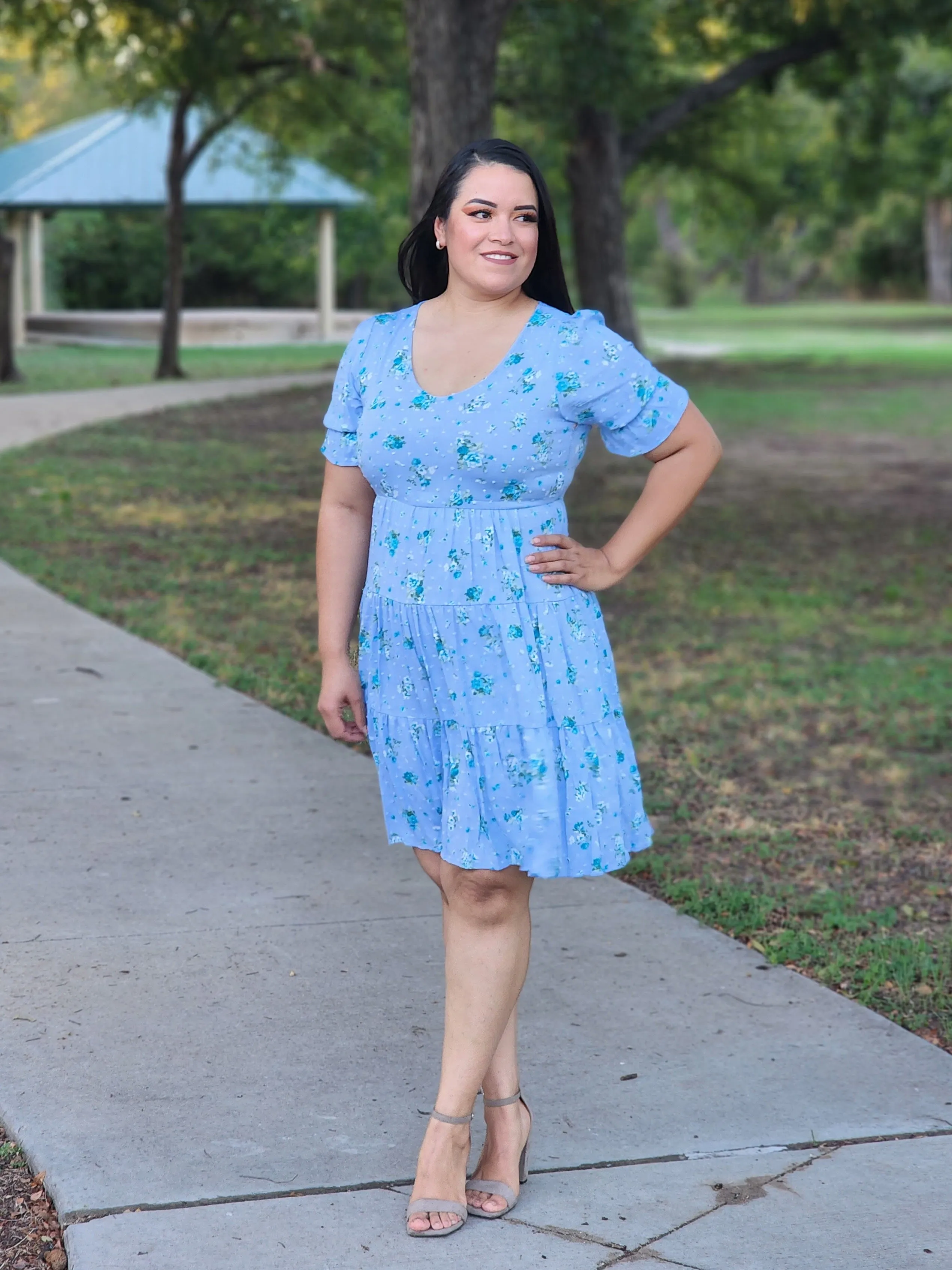 Blue Tiered Floral V Neck Dress