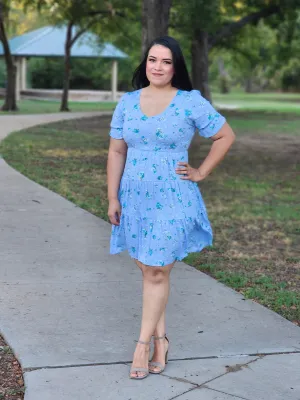 Blue Tiered Floral V Neck Dress