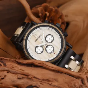 BOBO BIRD Stylish Chronograph Watches in Wooden Box.