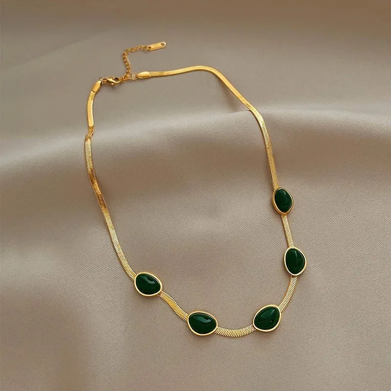 BohoBijou Green Stone Necklace - Fashion Jewelry Green Stone Crystal Snake Chain