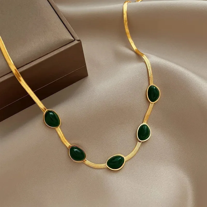 BohoBijou Green Stone Necklace - Fashion Jewelry Green Stone Crystal Snake Chain