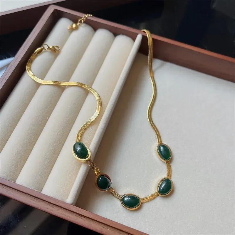 BohoBijou Green Stone Necklace - Fashion Jewelry Green Stone Crystal Snake Chain