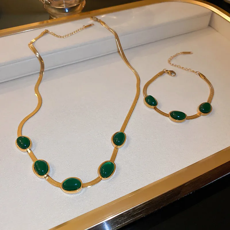 BohoBijou Green Stone Necklace - Fashion Jewelry Green Stone Crystal Snake Chain