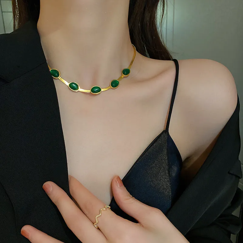 BohoBijou Green Stone Necklace - Fashion Jewelry Green Stone Crystal Snake Chain