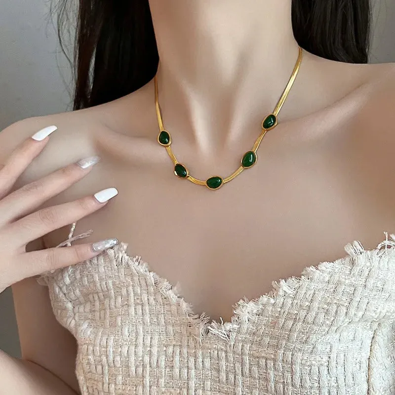 BohoBijou Green Stone Necklace - Fashion Jewelry Green Stone Crystal Snake Chain