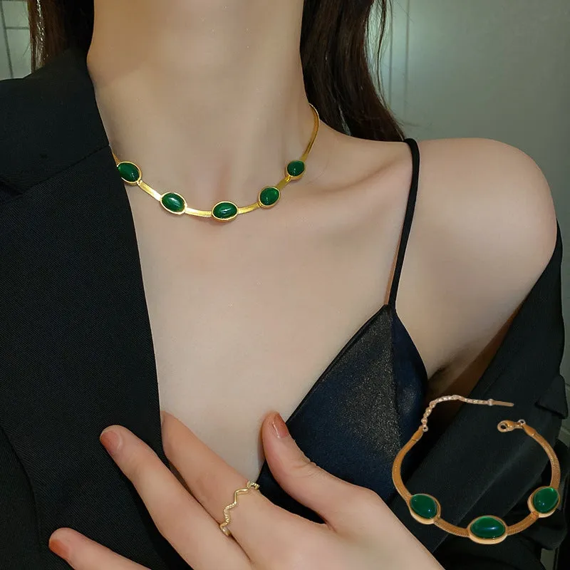 BohoBijou Green Stone Necklace - Fashion Jewelry Green Stone Crystal Snake Chain
