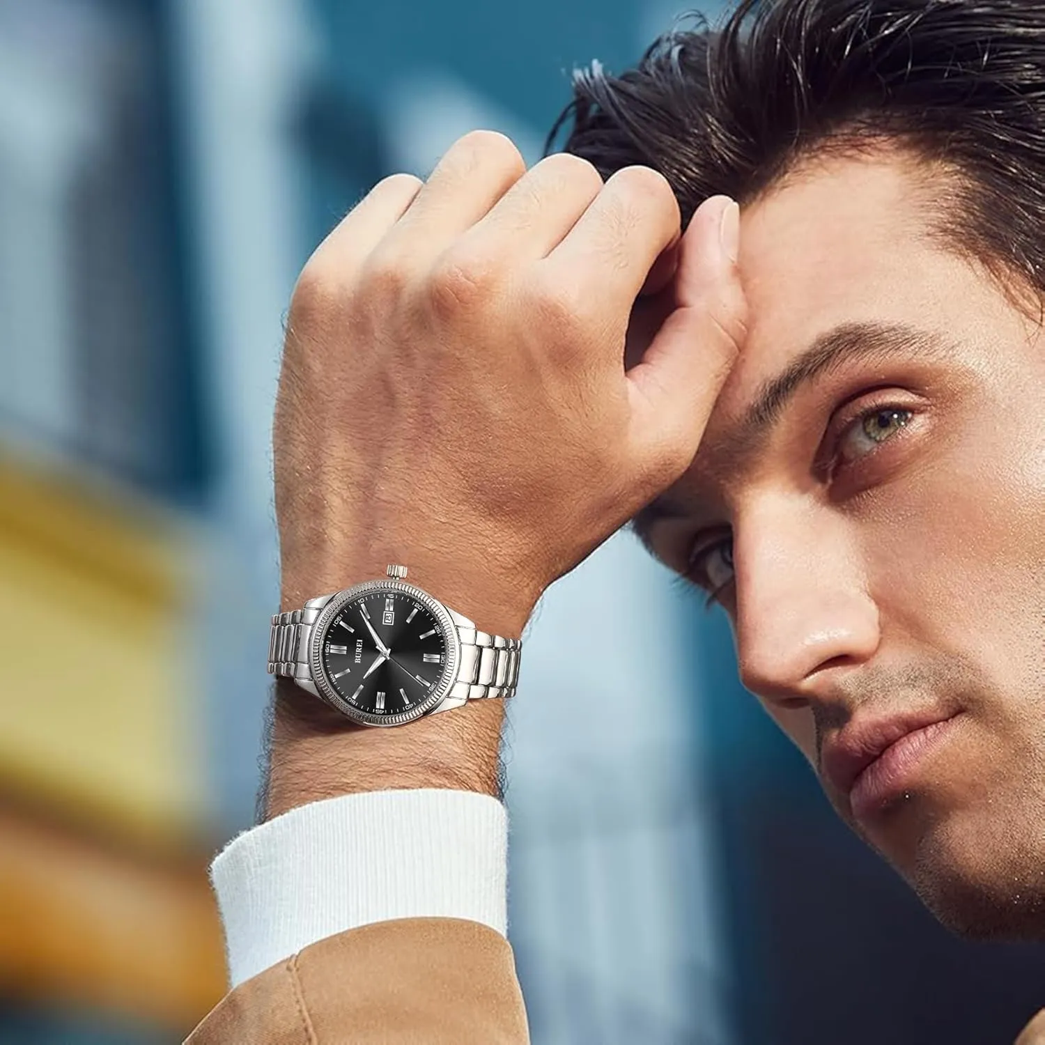 BUREI Men Watches Fashion Business Watch Silver Analog Stainless Steel Quartz Waterproof Watches for Men,Gifts for Fathers