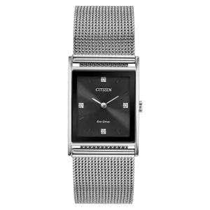 Citizen Mens Eco-drive Axiom Mesh Black Dial Silver Stainless Steel Band Dress Watch - BL6000-55E