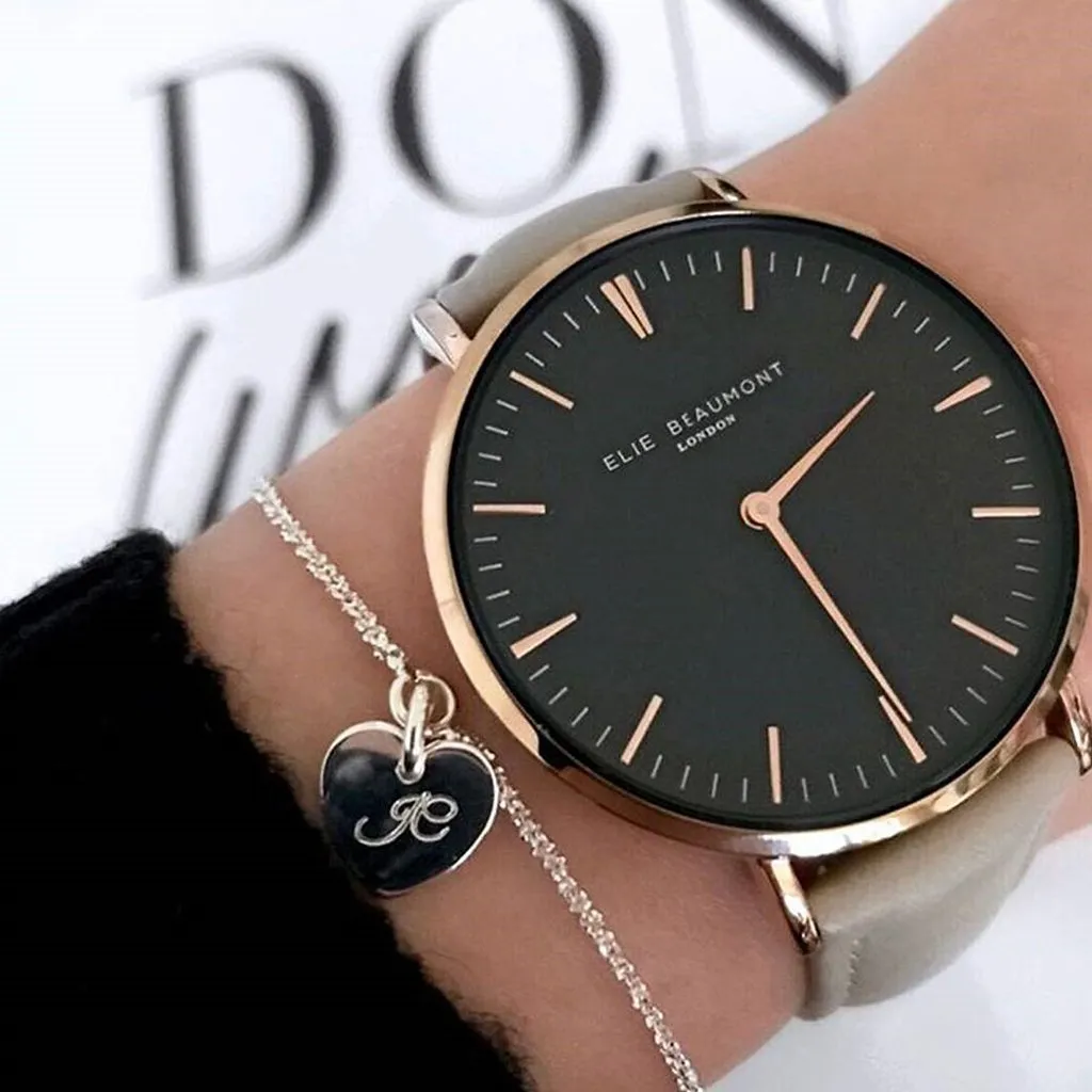 Elie Beaumont Large Oxford Watch | Black Dial and Stone Strap