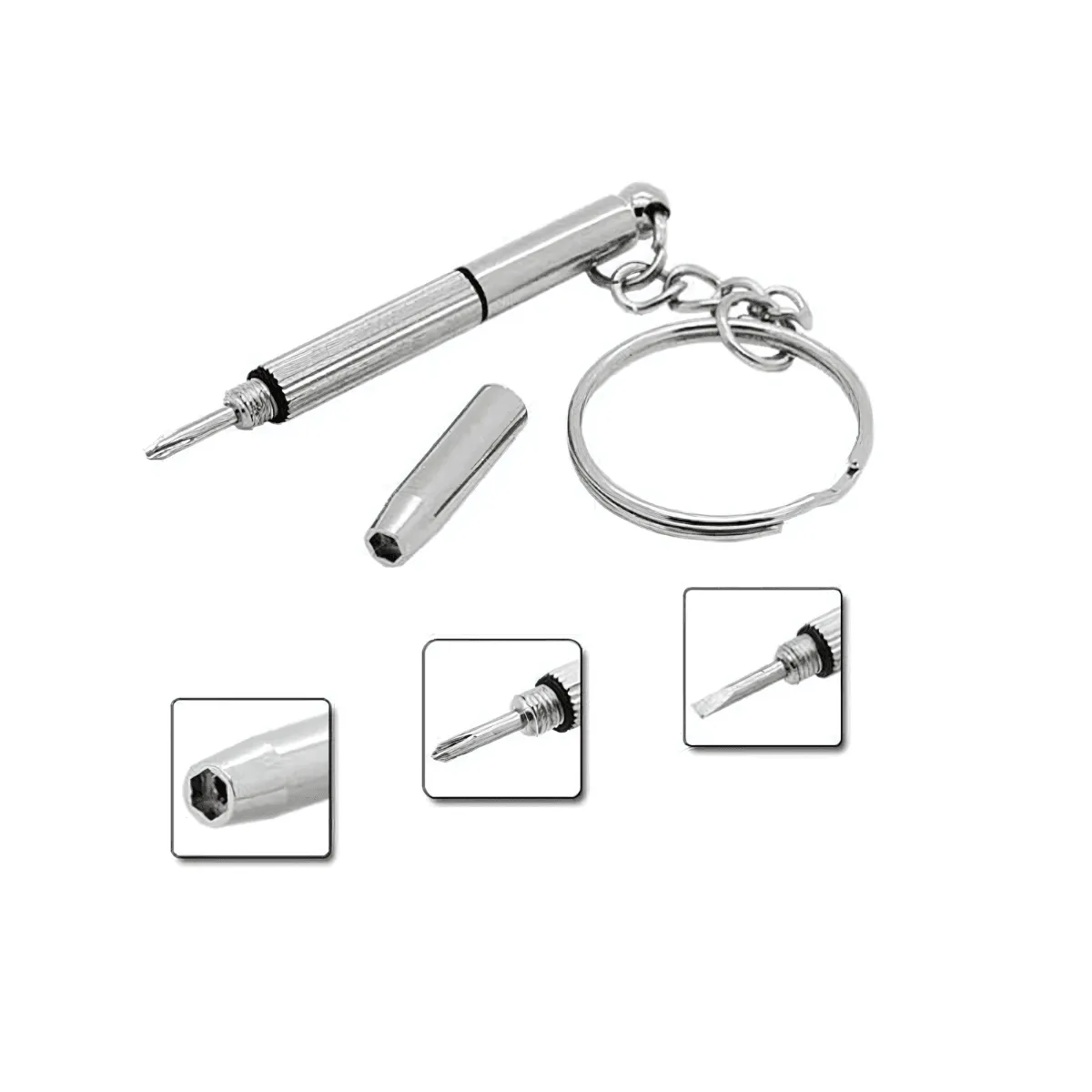 Eyeglasses Screwdriver, 3-in-1 Tool (Flat, Cross, Star Nut), Stainless Steel, Compact & Portable, Keychain Attachment