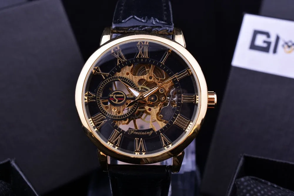 Forsining 3d Logo Design Hollow Engraving Black Gold Case Leather Skeleton Mechanical Watches Men Luxury Brand Heren Horloge