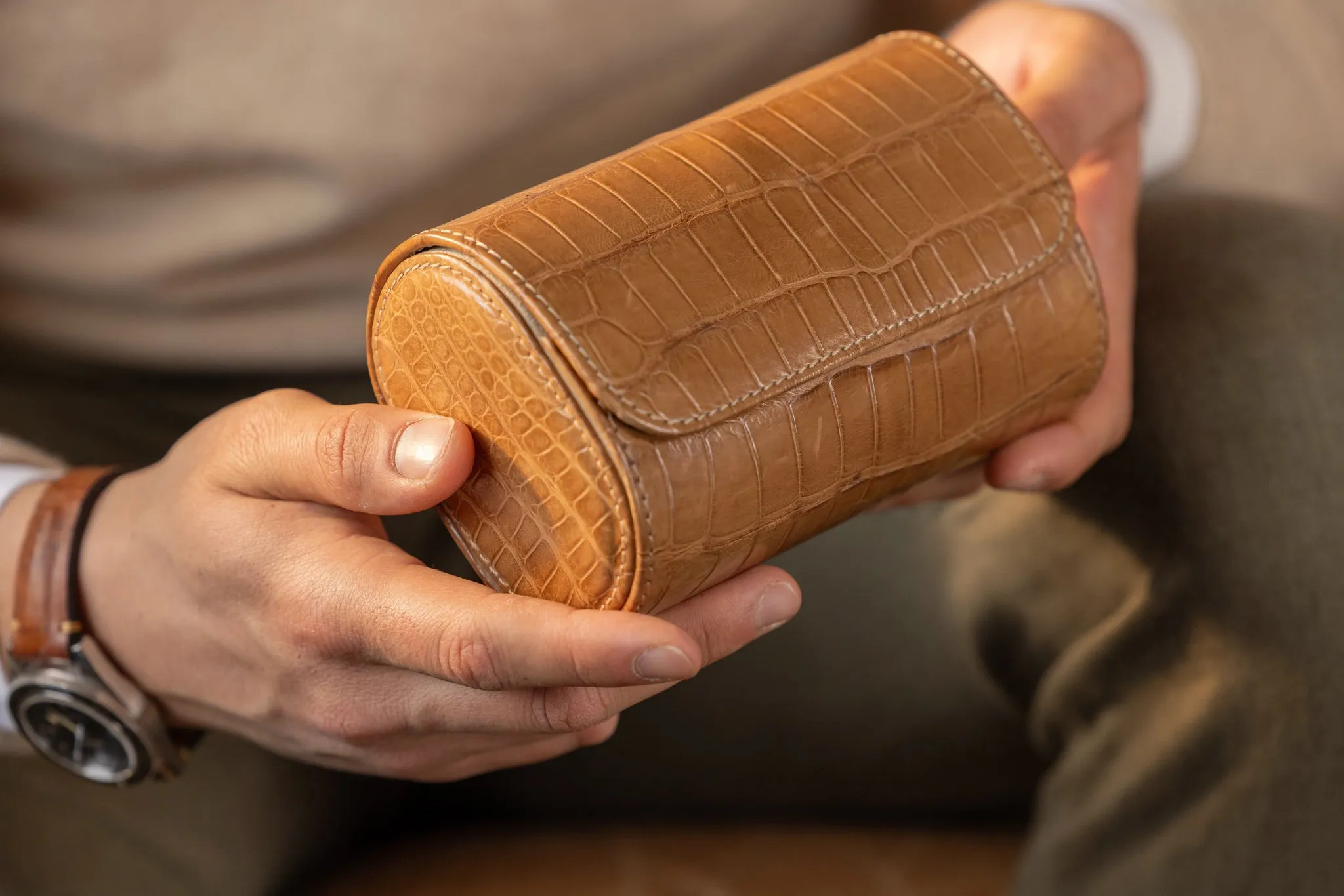 Galata Watch Roll - Alligator Mustard For 2 Watches