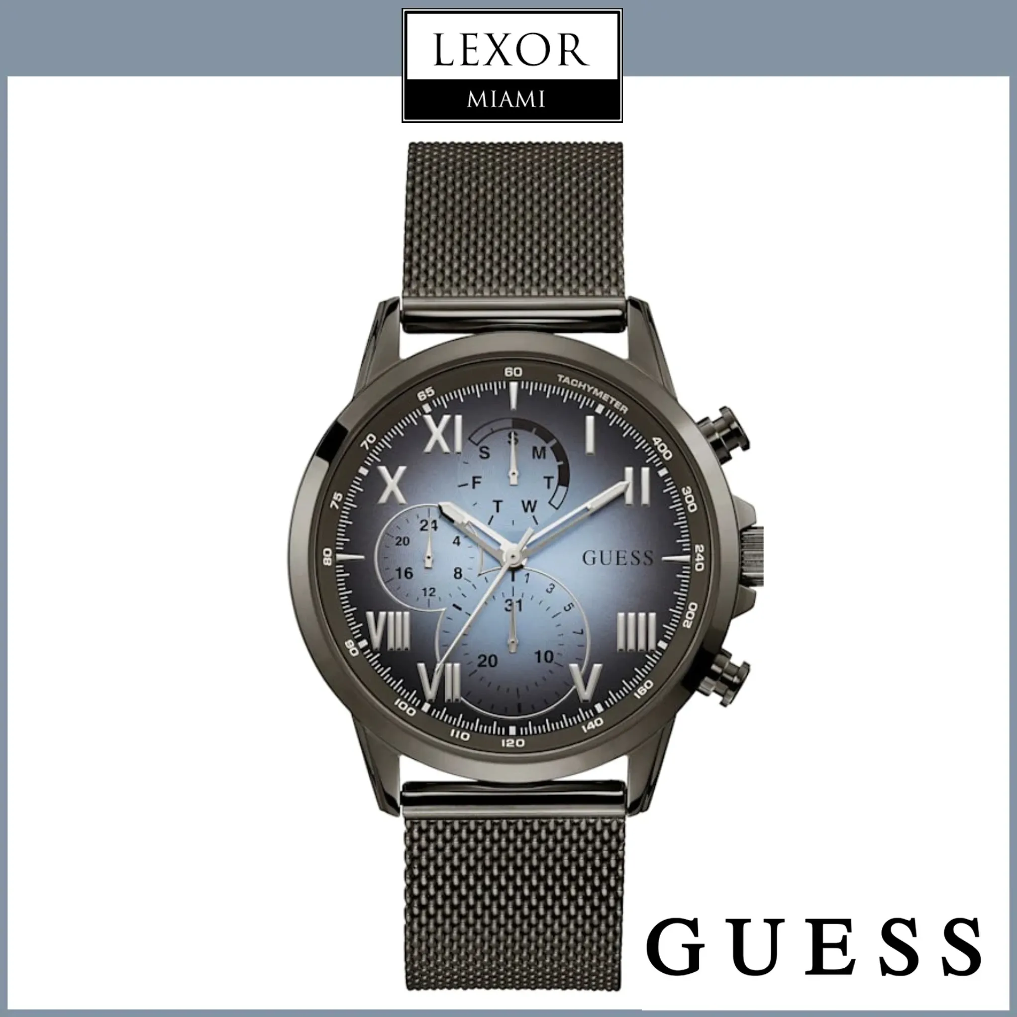 Guess U1310G3 Gunmetal And Blue Mesh Multifunctional Watch