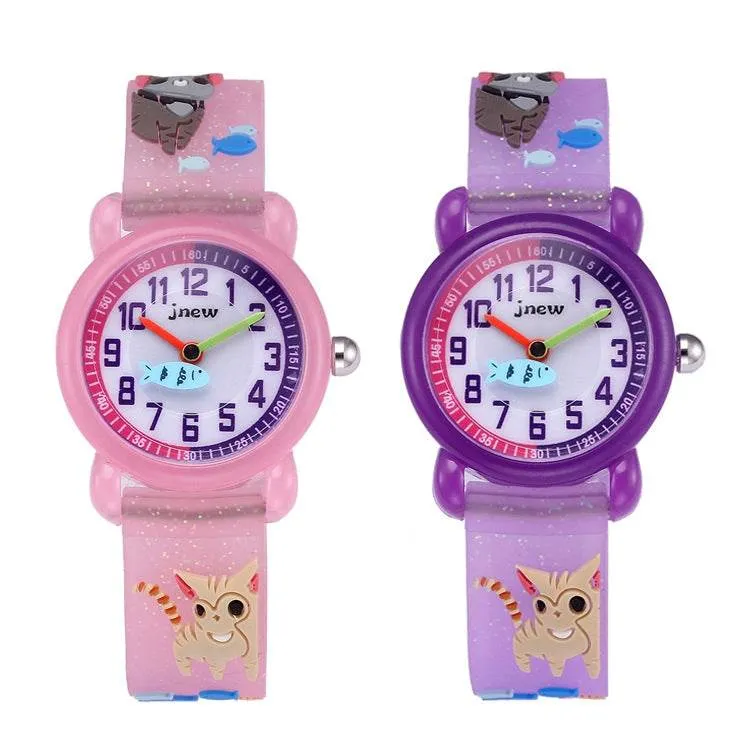 JNEW A335-86264 Kids Cartoon 3D Cat Fishing Silicone Waterproof Quartz Watch