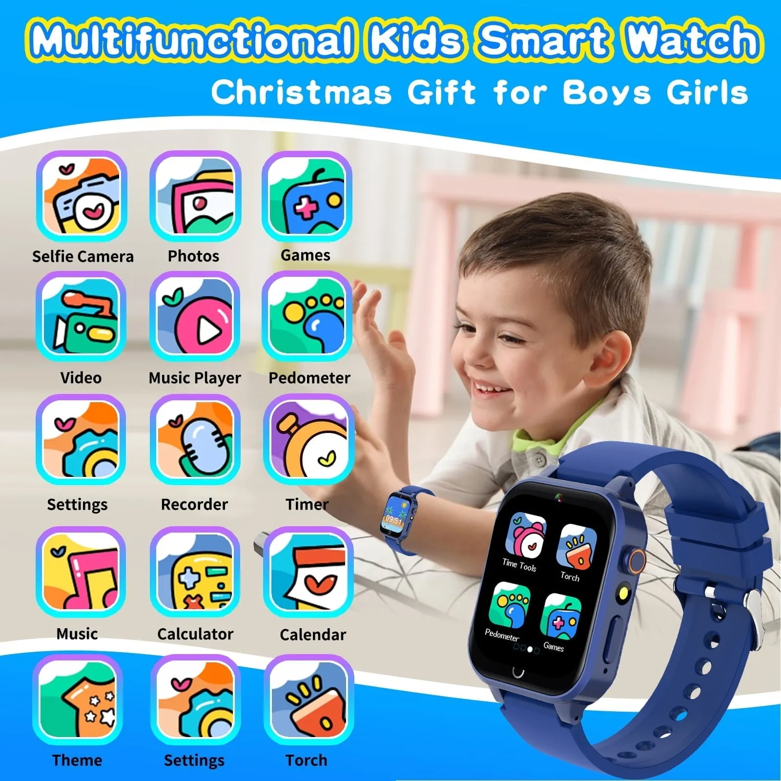 Kids Smart Watch for Boys 4-12 Years Old Birthday Gift, Vakzovy Waterproof Educationals Smart Watch, Dual Camera, 24 Puzzle Games,Music Player, Toddler Watch Learning Toys(Blue)