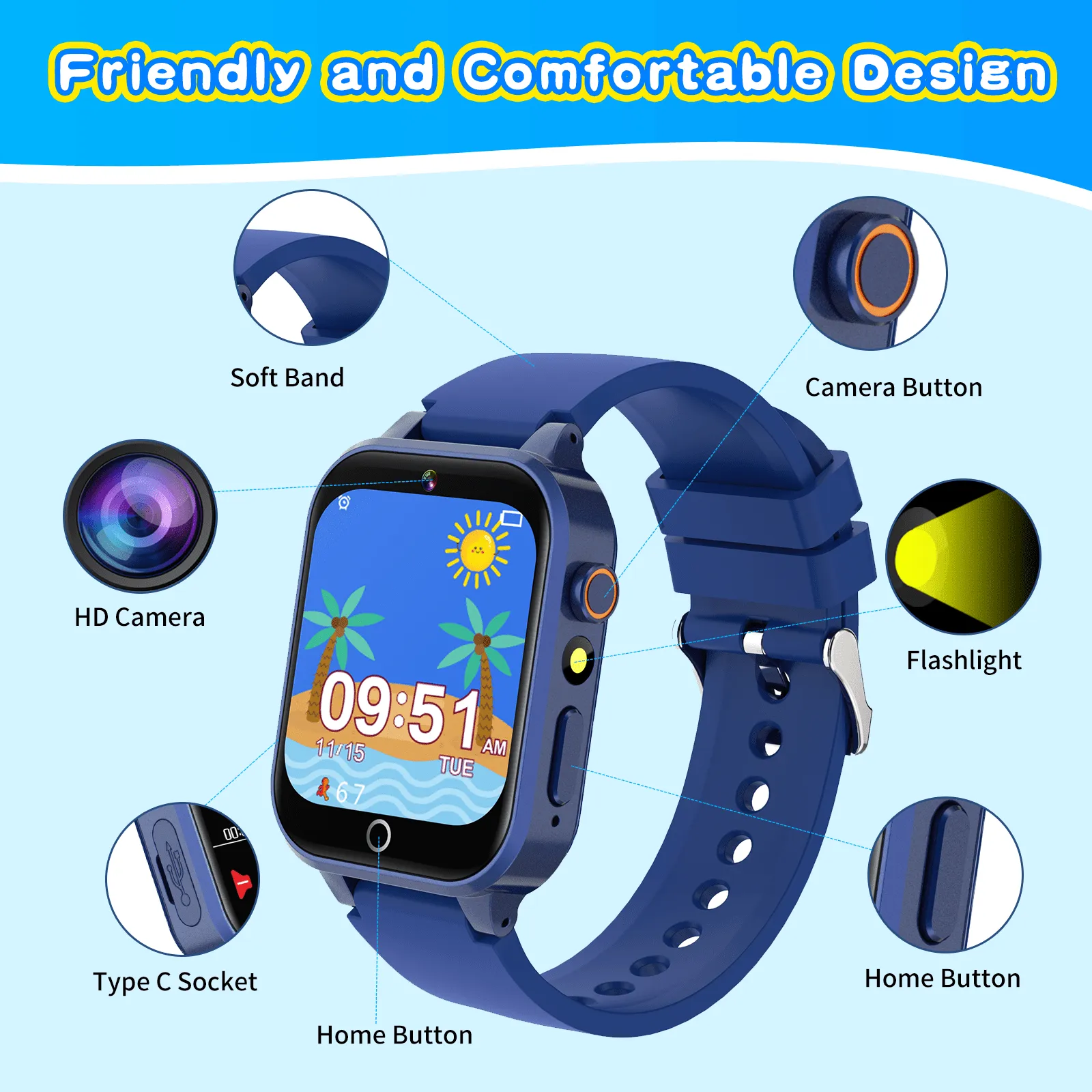 Kids Smart Watch for Boys 4-12 Years Old Birthday Gift, Vakzovy Waterproof Educationals Smart Watch, Dual Camera, 24 Puzzle Games,Music Player, Toddler Watch Learning Toys(Blue)
