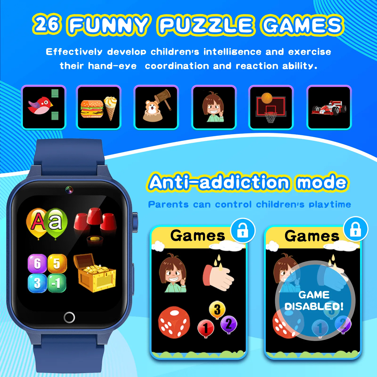 Kids Smart Watch for Boys 4-12 Years Old Birthday Gift, Vakzovy Waterproof Educationals Smart Watch, Dual Camera, 24 Puzzle Games,Music Player, Toddler Watch Learning Toys(Blue)