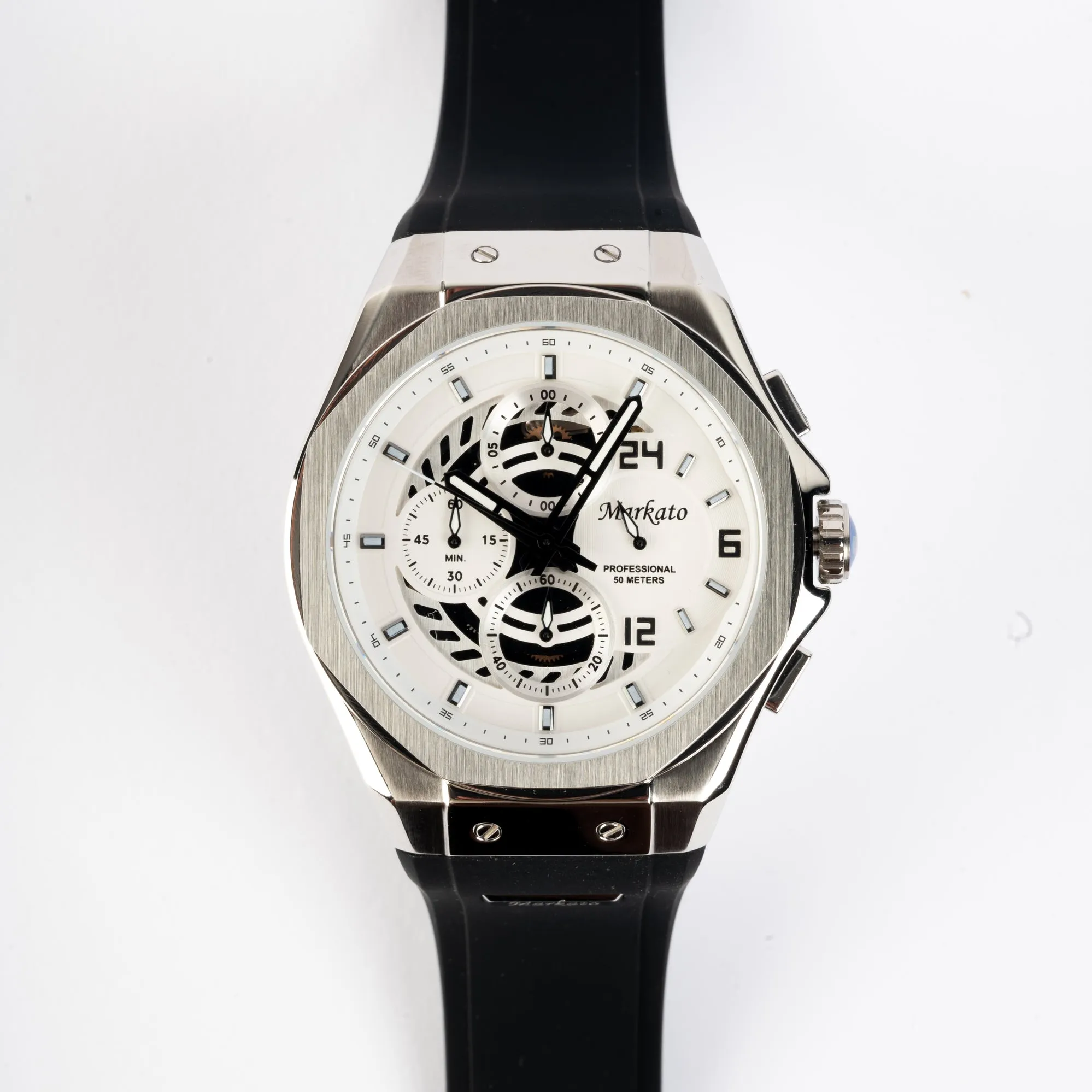 MARKATO Men Watch with Silver Box and Black Rubber Strap and white Dial