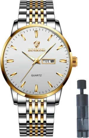 Men Watch Waterproof Wrist Watch Business Dress Watch with Week/Date Calendar, Stainless Steel Bracelet Band Quartz for Man, Gold and Silver