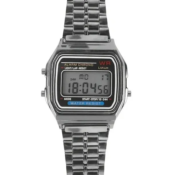 NEW F91W Steel Strap Watches Women Watch Men Business Clock Multifunction LED Digtal Sports Wrist Watch Electronic Clock Electron, Silver