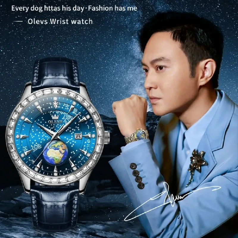OLEVS 9967 Men Starry Sky Face Diamond Bezel Quartz Watch Blue Leather Strap