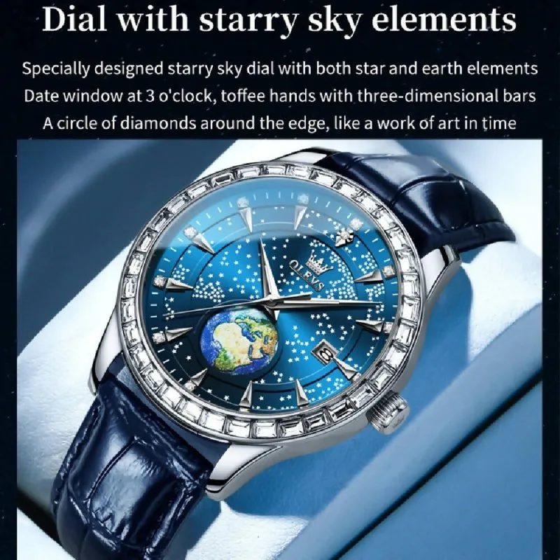 OLEVS 9967 Men Starry Sky Face Diamond Bezel Quartz Watch Blue Leather Strap