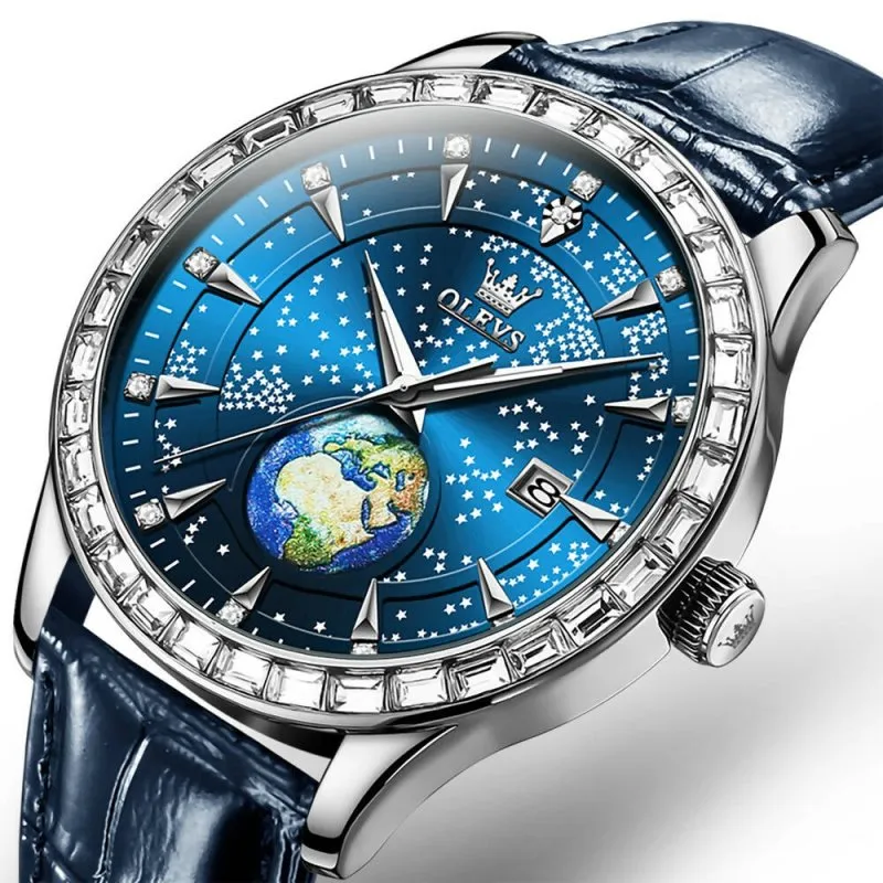 OLEVS 9967 Men Starry Sky Face Diamond Bezel Quartz Watch Blue Leather Strap