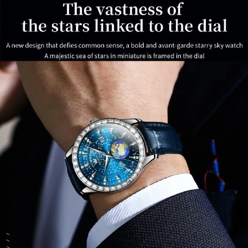 OLEVS 9967 Men Starry Sky Face Diamond Bezel Quartz Watch Blue Leather Strap