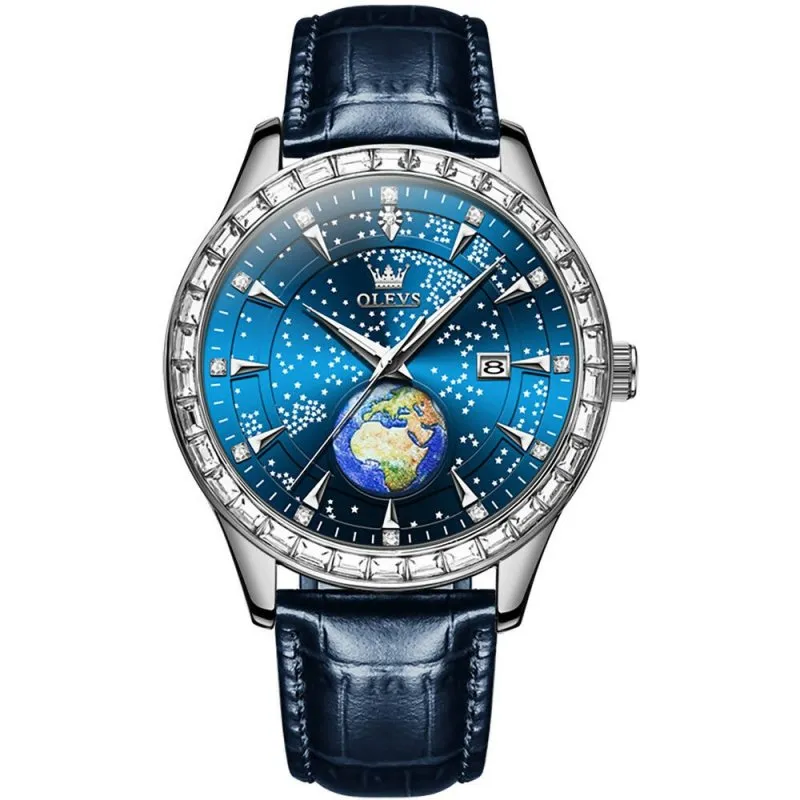 OLEVS 9967 Men Starry Sky Face Diamond Bezel Quartz Watch Blue Leather Strap