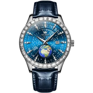 OLEVS 9967 Men Starry Sky Face Diamond Bezel Quartz Watch Blue Leather Strap