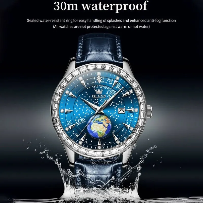 OLEVS 9967 Men Starry Sky Face Diamond Bezel Quartz Watch Blue Leather Strap