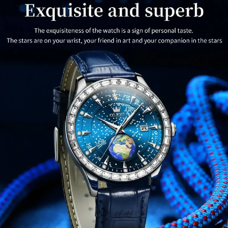 OLEVS 9967 Men Starry Sky Face Diamond Bezel Quartz Watch Blue Leather Strap