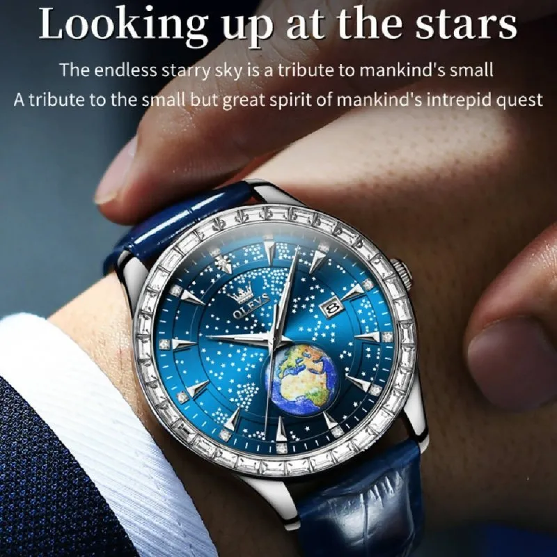 OLEVS 9967 Men Starry Sky Face Diamond Bezel Quartz Watch Blue Leather Strap