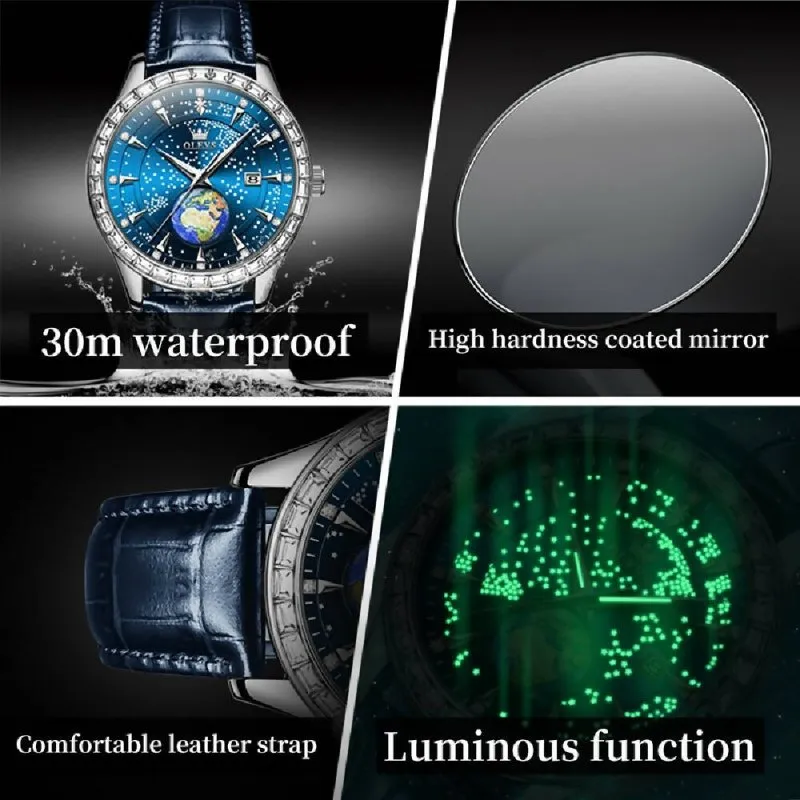 OLEVS 9967 Men Starry Sky Face Diamond Bezel Quartz Watch Blue Leather Strap
