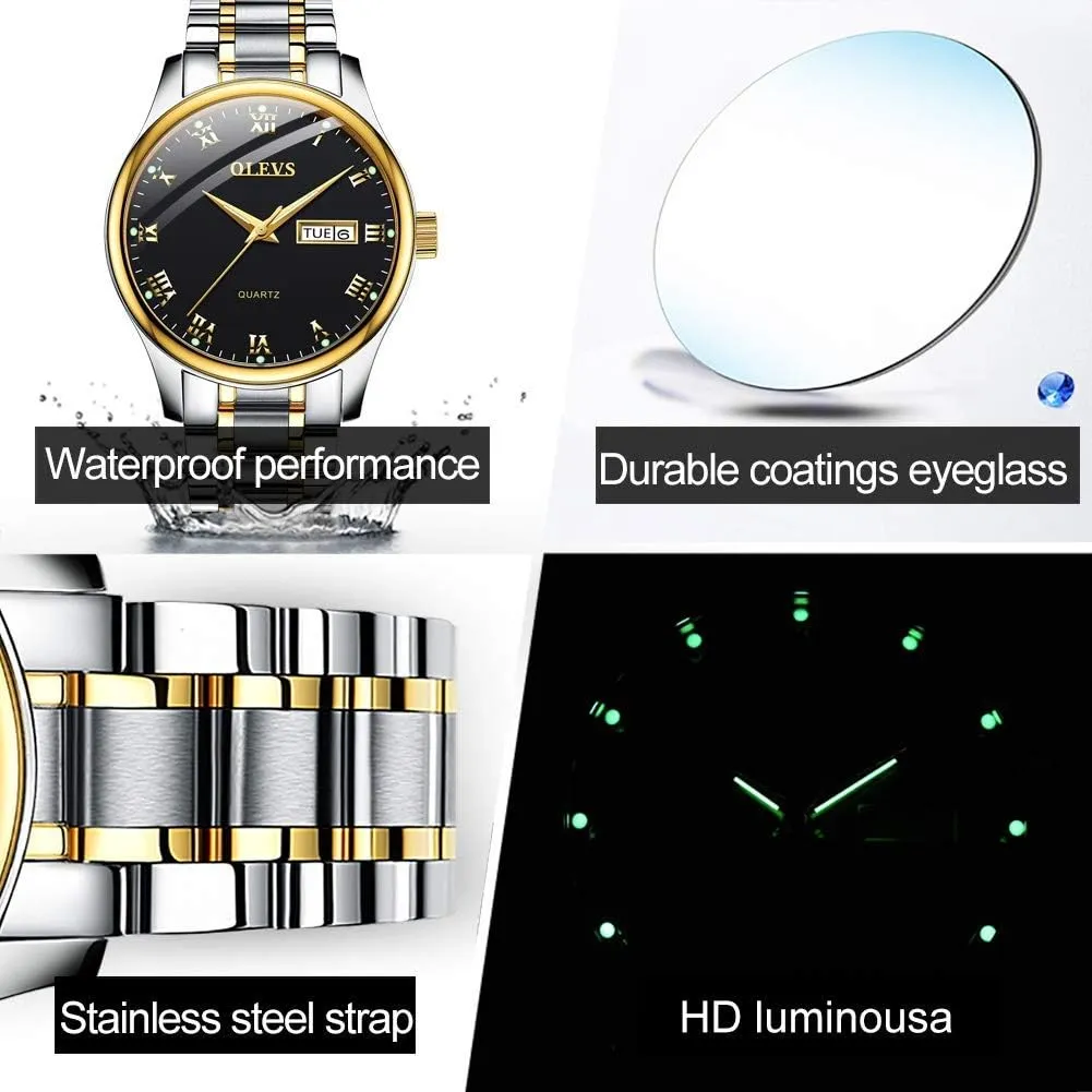 OLEVS His and Her Couple Watches Business Men Women Couple Set Pair Black Watch Matching Romantic Quartz Stainless Steel Waterproof Date